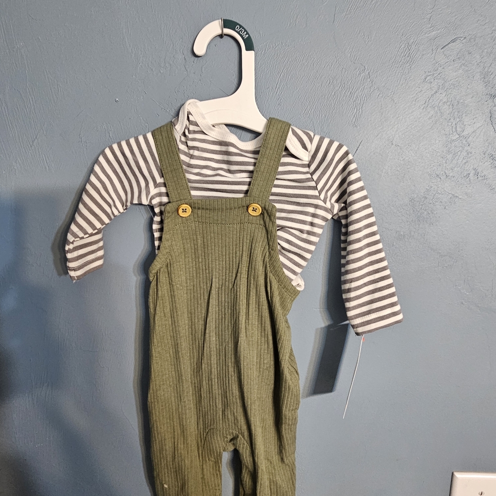 Baby Cat & Jack Green Striped Kids Overalls And Shirt